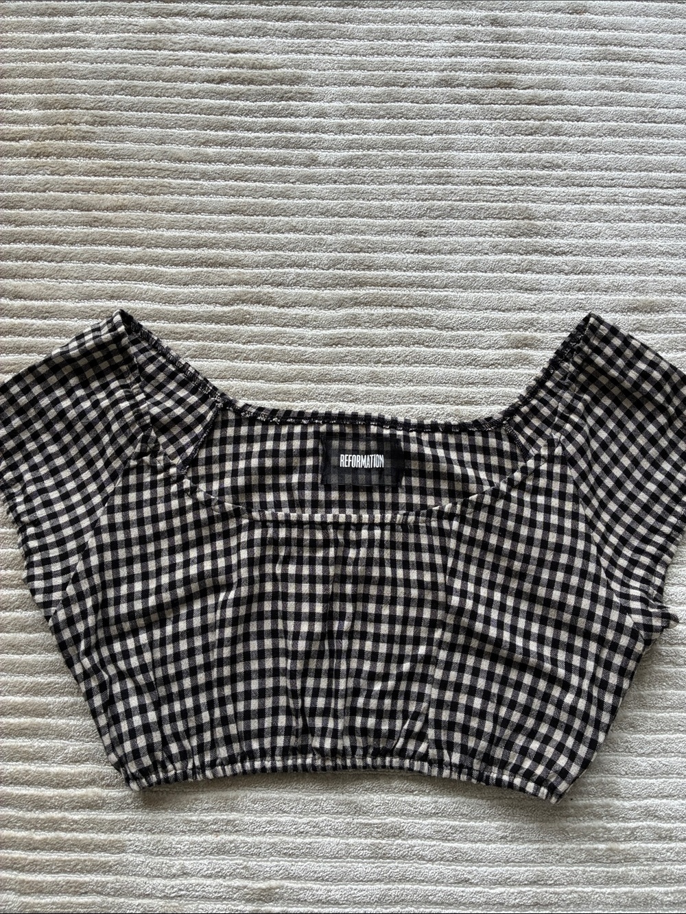 Reformation Black & White Gingham Cropped Puff-Sleeve Top - Picture 3 of 6